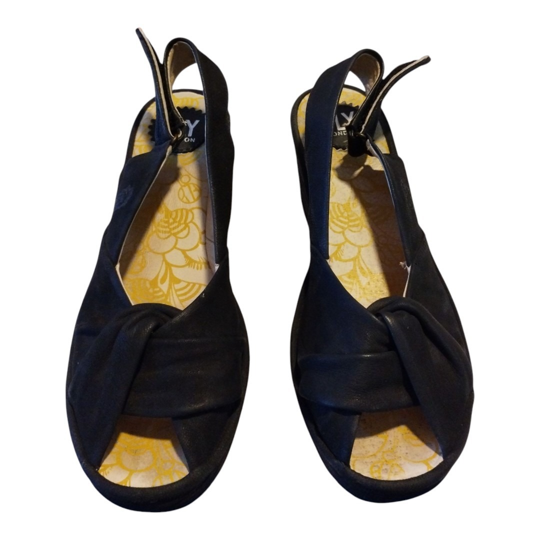 Fly London Wedge Sandals Yakin Knot Peep Toe Black Suede Slingback Womens 41